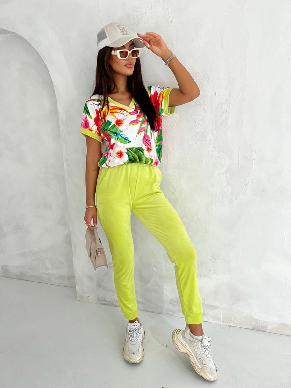 Welurowy Komplet Dresowy V Neck Jungle Limonkowy Ubrania Bluzy