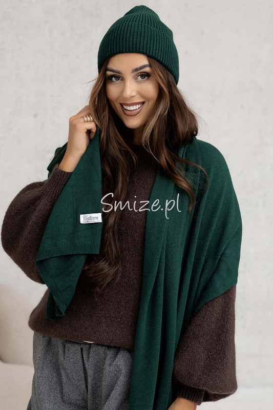 Komplet kaszmirowy butelkowa zieleń, szal z czapką CASHMERE