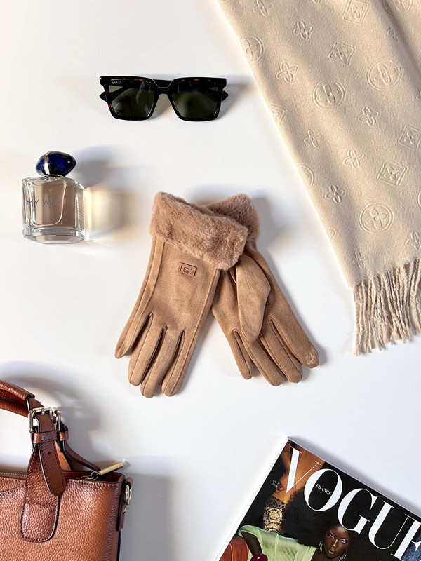 Rękawiczki pięciopalczaste z futerkiem, camel