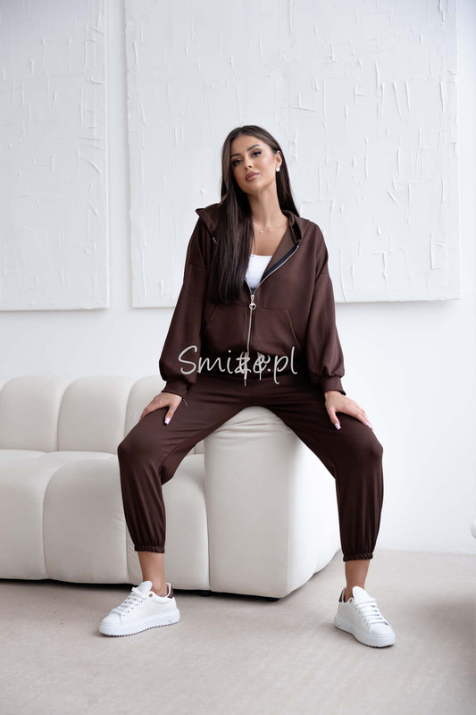 Komplet dresowy z wiskozy, masełkowy z rozpinaną bluzą, czekoladowy