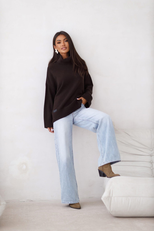 Sweter damski wełniany golf KELLY czekoladowy Madame Sue