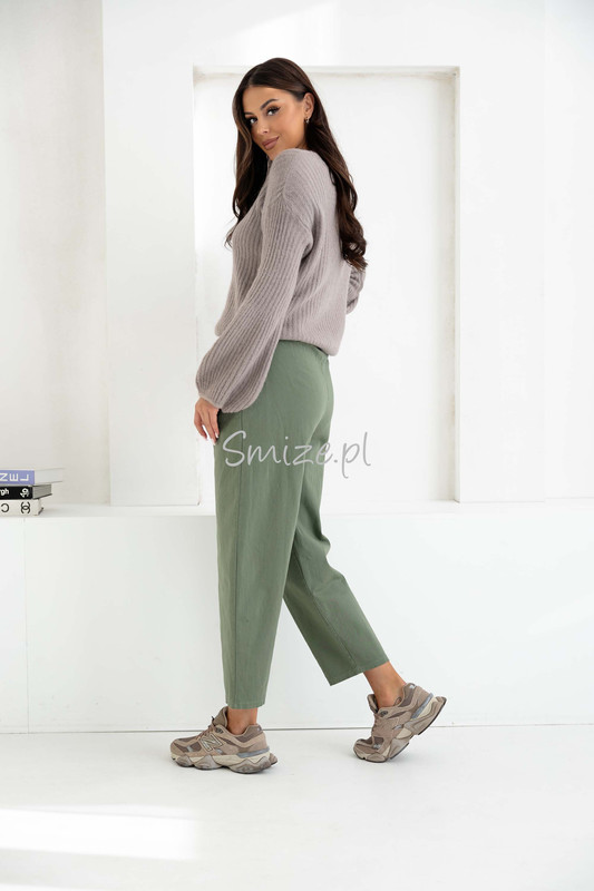 Spodnie damskie o kroju Balloon z wysokim stanem, oliwkowe