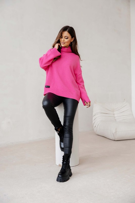 Sweter damski wełniany golf KELLY fuksja Madame Sue