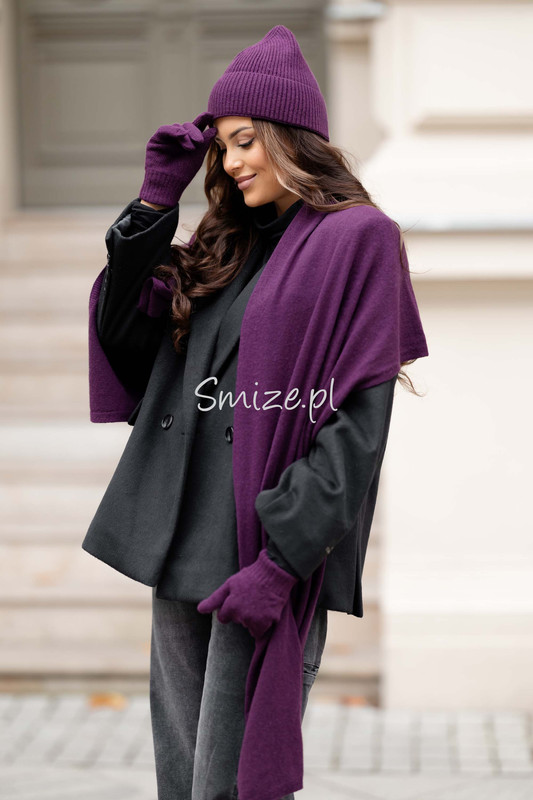 Komplet kaszmirowy z rękawiczkami, CASHMERE, bakłażan