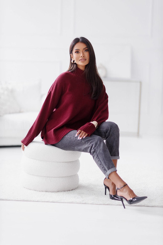 Sweter damski wełniany AURA , bordowy Madame Sue