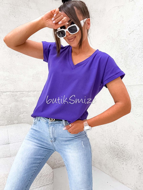 Gładki T-shirt bawełniany V neck classic Smize