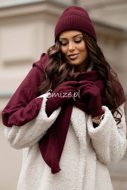 Komplet kaszmirowy  z rękawiczkami,  CASHMERE, bordowy