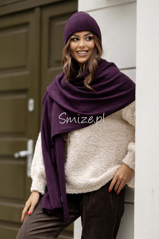Komplet kaszmirowy bakłażan, szal z czapką CASHMERE