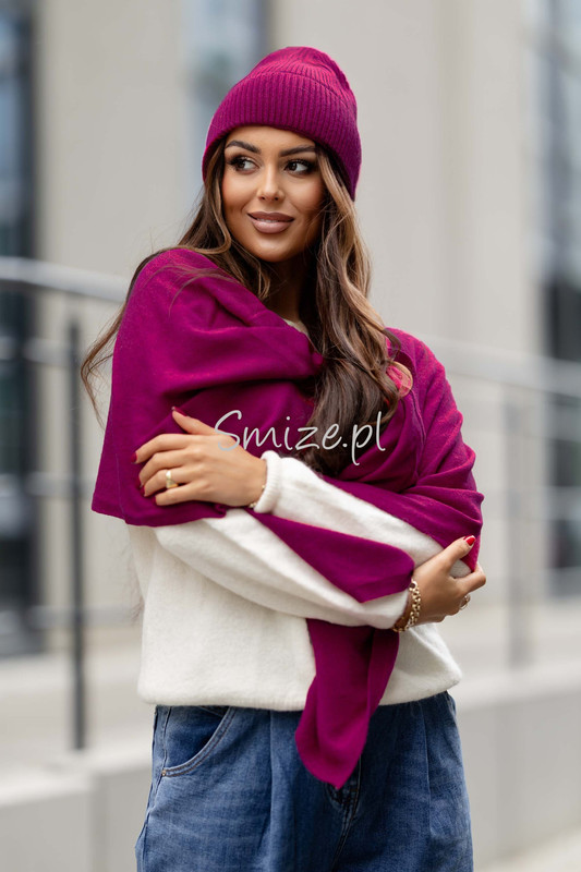 Komplet kaszmirowy amarantowy, szal z czapką CASHMERE