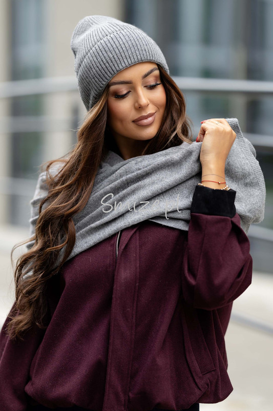 Komplet kaszmirowy szary, szal z czapką CASHMERE