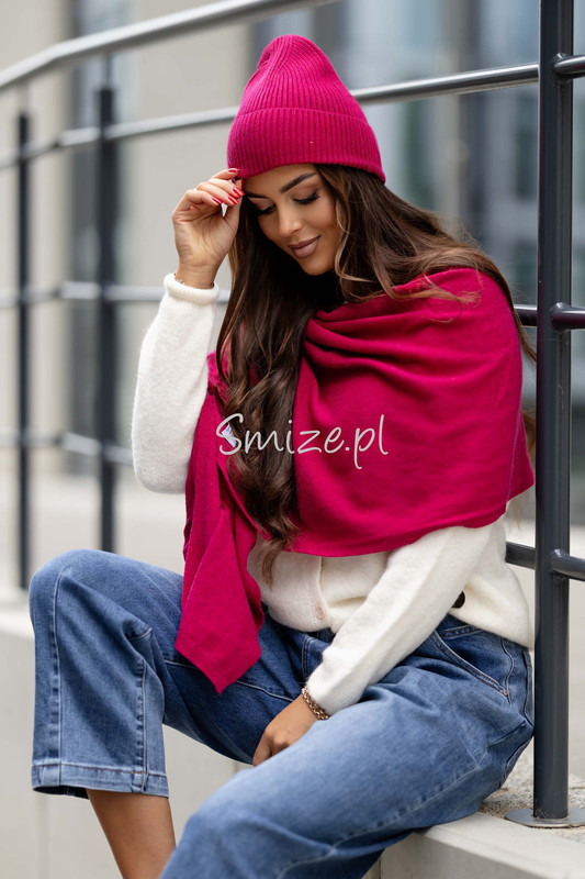 Komplet kaszmirowy malinowy, szal z czapką CASHMERE