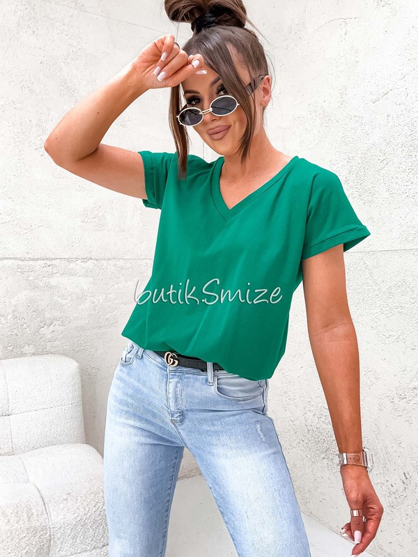 Gładki T-shirt bawełniany V neck classic Smize