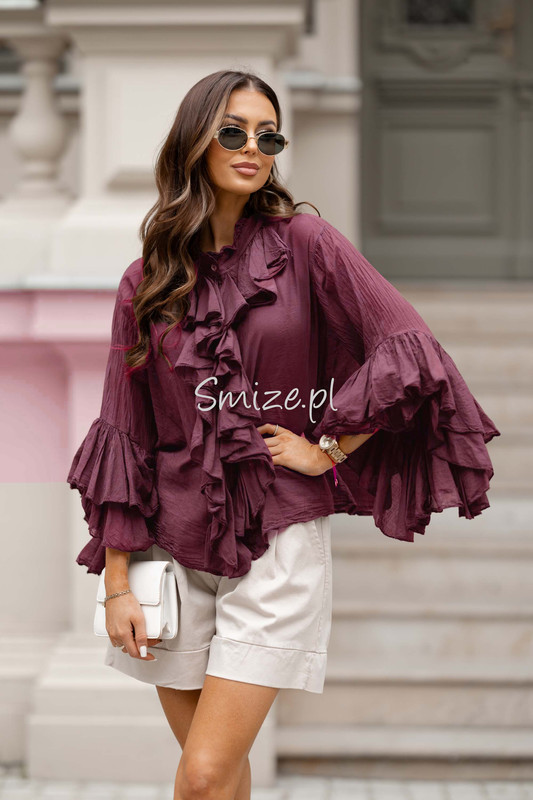 Bawełniana bluzka z falbanami i rozkloszowanymi rękawami, bordowa