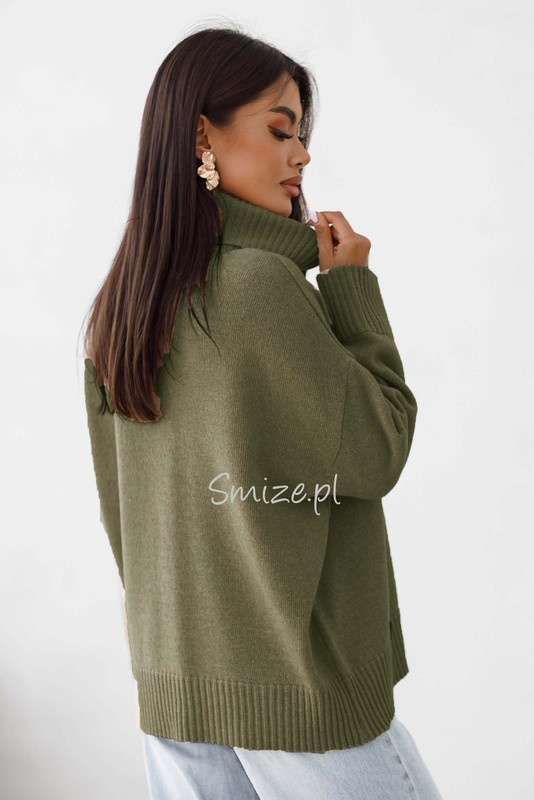 Sweter damski wełniany golf KELLY khaki Madame Sue