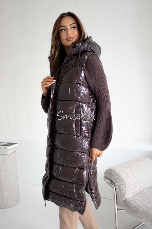 Długa pikowana kamizelka damska z kapturem bezrękawnik damski czekoladowy