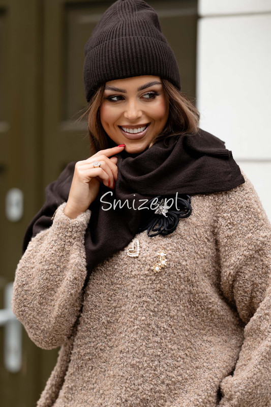 Komplet kaszmirowy czekoladowy, szal z czapką CASHMERE