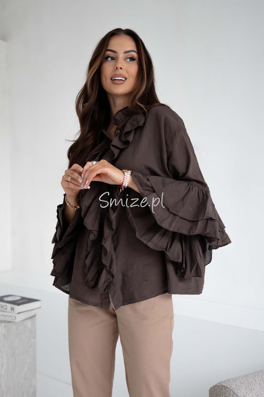 Bawełniana bluzka z falbanami i rozkloszowanymi rękawami, czekoladowa