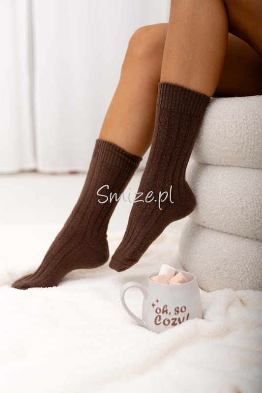 Skarpetki z angory, szerszy prążek, czekoladowe