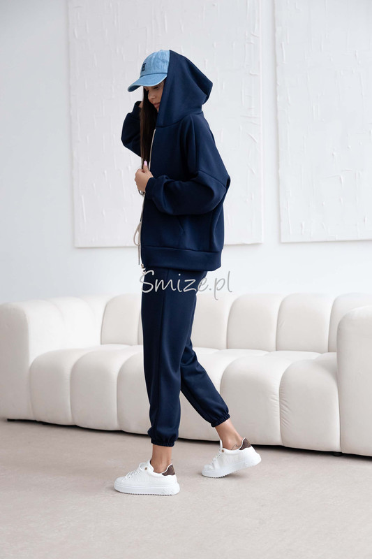 Komplet dresowy z wiskozy, masełkowy z rozpinaną bluzą, granatowy