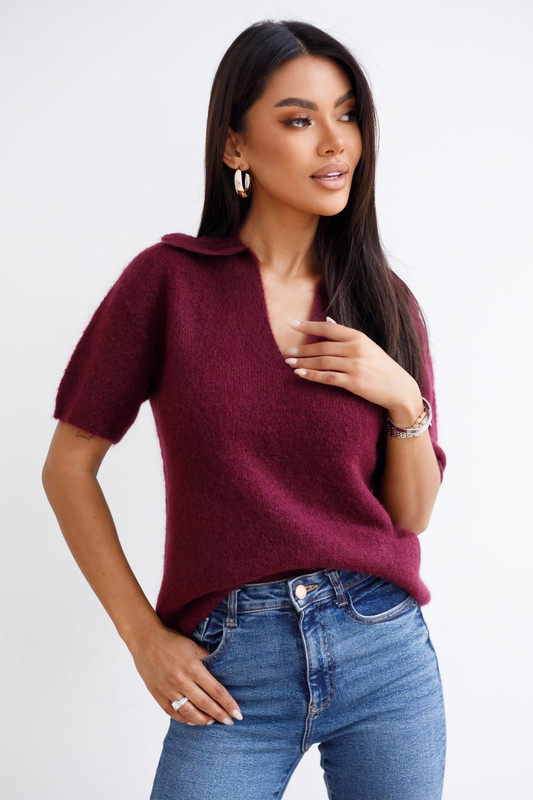 Sweter z krótkim rękawem KEIRA bordowy Madame Sue