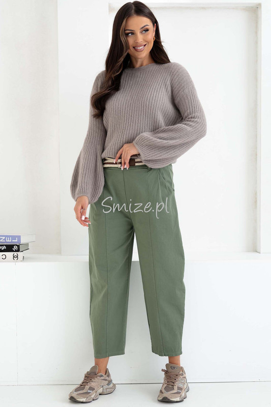 Spodnie damskie o kroju Balloon z wysokim stanem, oliwkowe
