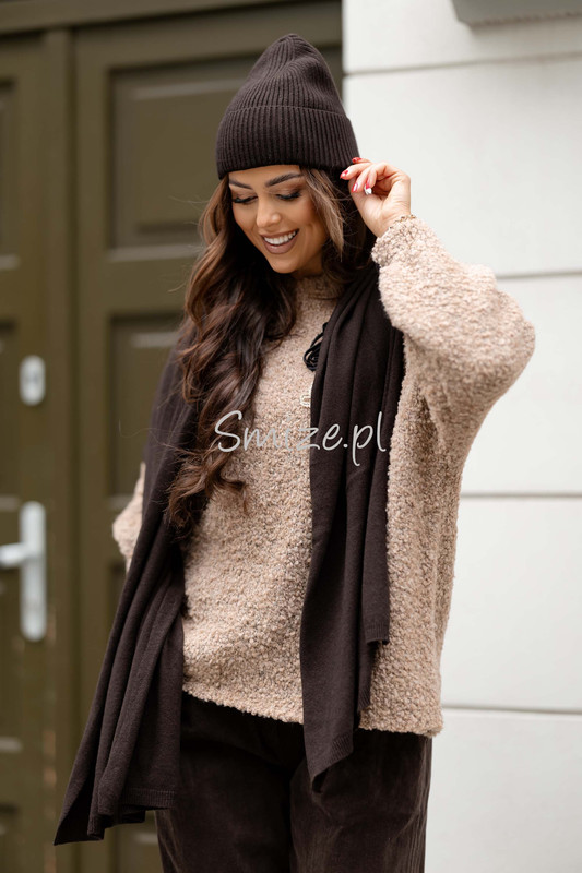 Komplet kaszmirowy czekoladowy, szal z czapką CASHMERE