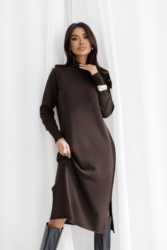 Wełniana Sukienka z golfem, z dodatkiem cashmiru ALVARO Madame Sue, czekoladowa