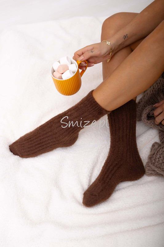 Skarpetki z angory, UNI, prążkowane, czekoladowe