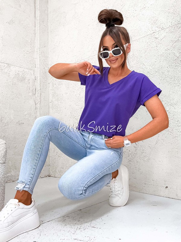 Gładki T-shirt bawełniany V neck classic Smize