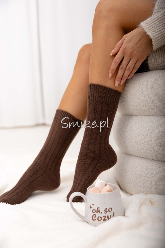 Skarpetki z angory, szerszy prążek, czekoladowe