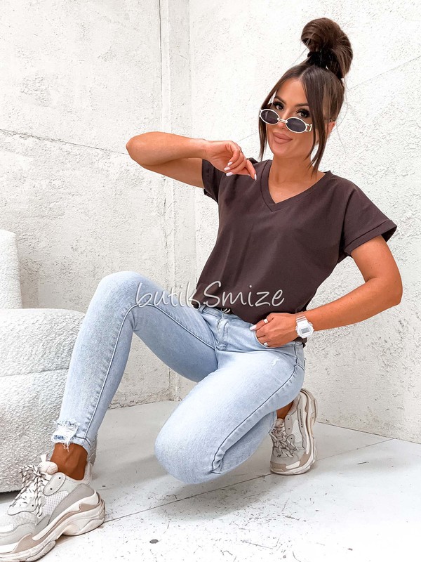 Gładki T-shirt bawełniany V neck classic Smize