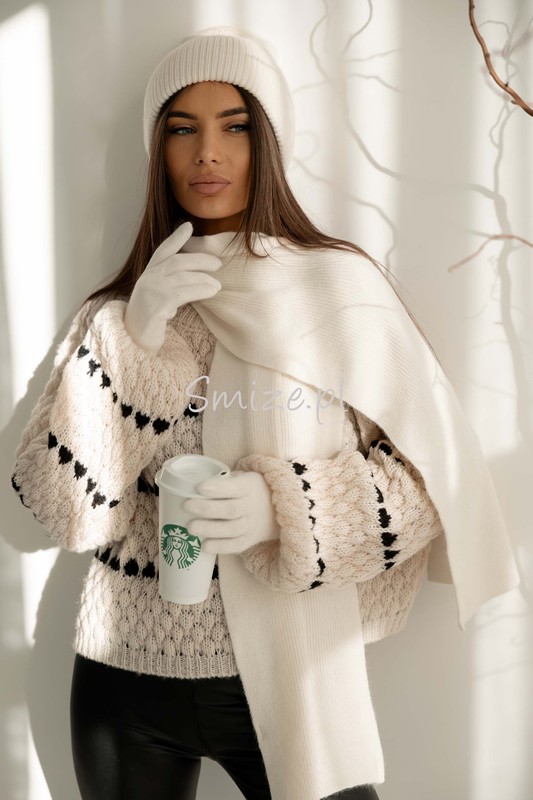 Komplet damski z angorą i wełną, szal z czapką i rękawiczkami śmietankowy