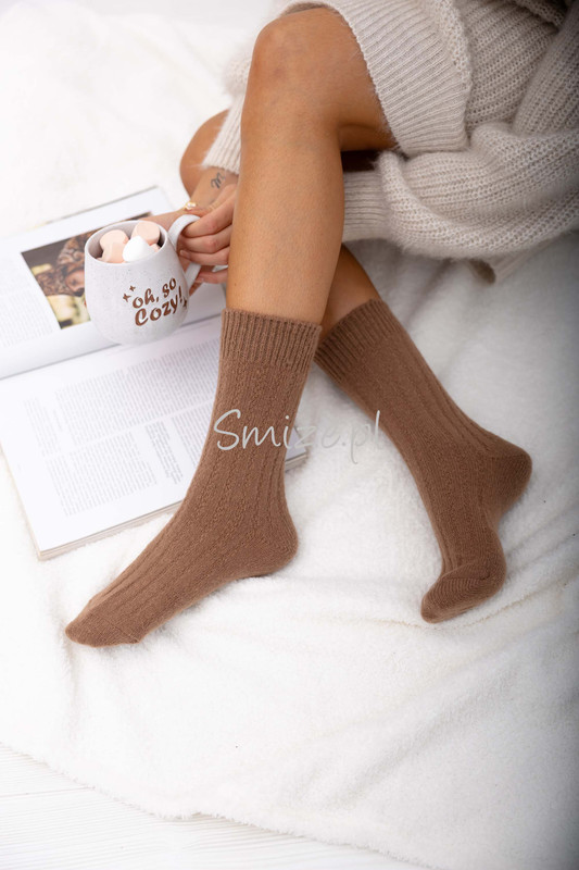 Skarpetki z angory, szerszy prążek, mokka