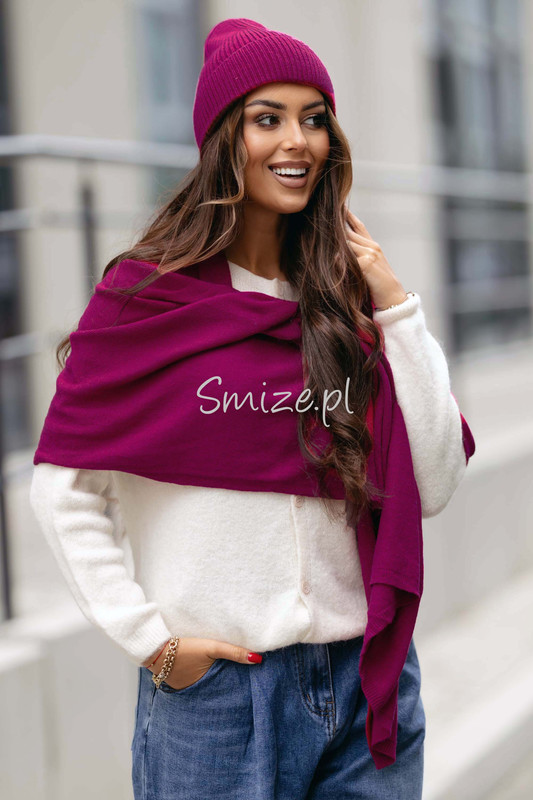 Komplet kaszmirowy amarantowy, szal z czapką CASHMERE