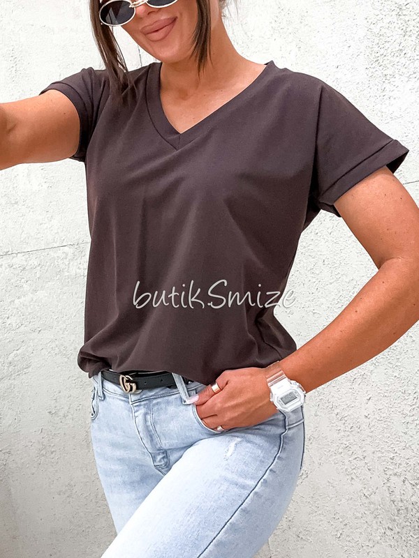 Gładki T-shirt bawełniany V neck classic Smize