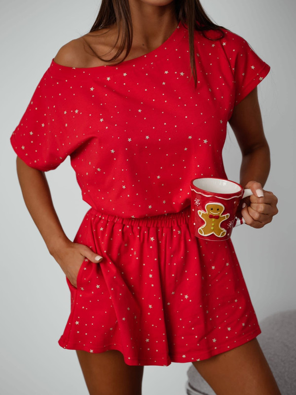 Piżama damska z szortami, w gwiazdki BOCCA, czerwona