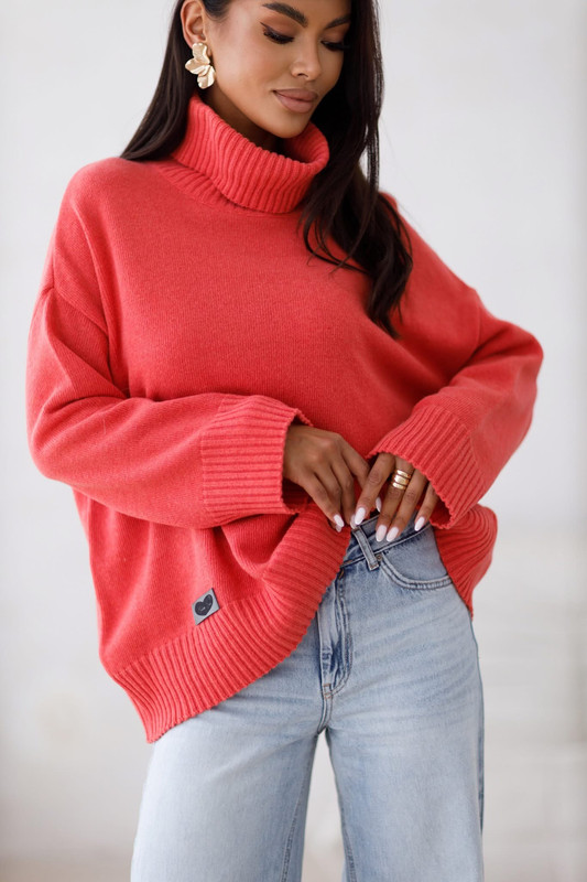 Sweter damski wełniany golf KELLY koralowy Madame Sue