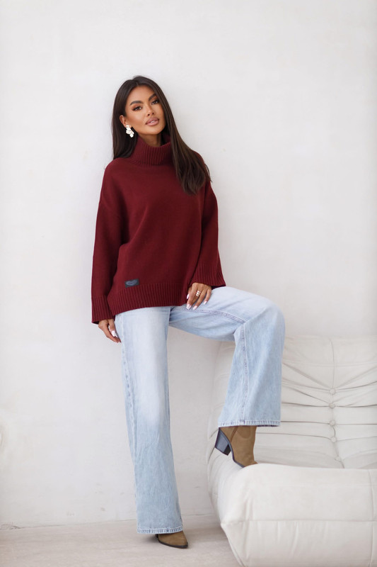 Sweter damski wełniany golf KELLY bordowy Madame Sue