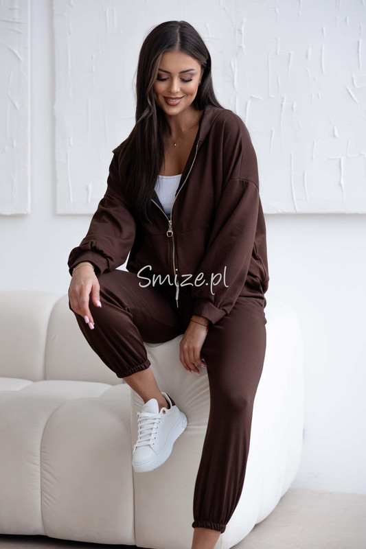 Komplet dresowy z wiskozy, masełkowy z rozpinaną bluzą, czekoladowy
