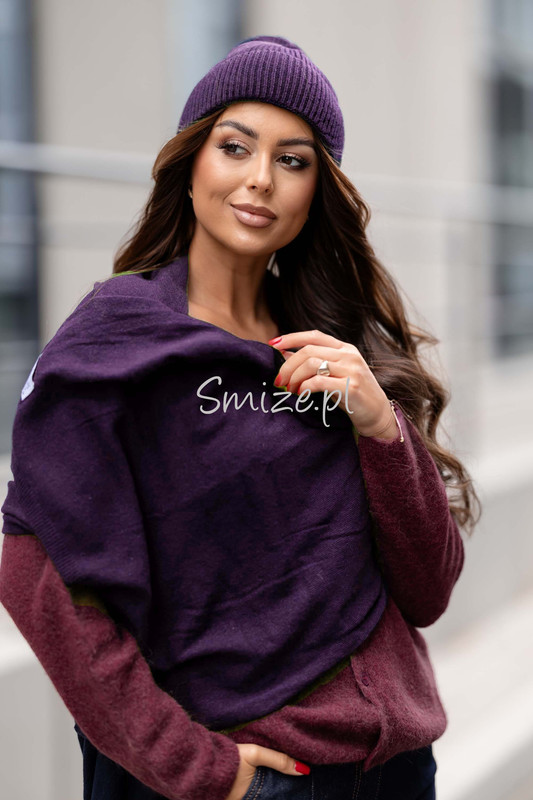 Komplet kaszmirowy śliwkowy, szal z czapką CASHMERE