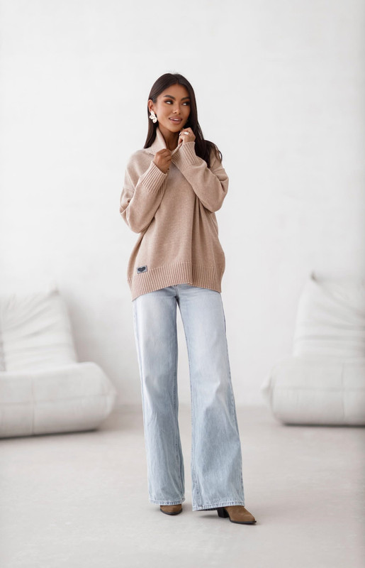 Sweter damski wełniany golf KELLY beżowy Madame Sue