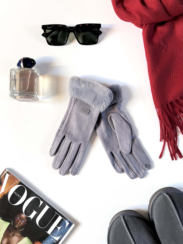 Rękawiczki pięciopalczaste z futerkiem, szare