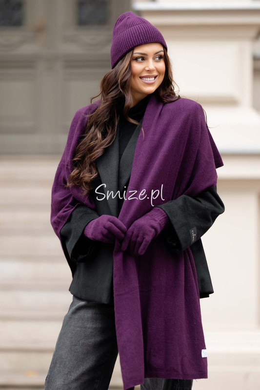 Komplet kaszmirowy z rękawiczkami, CASHMERE, bakłażan