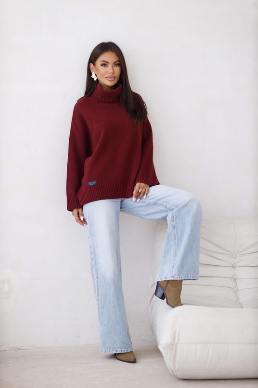 Sweter damski wełniany golf KELLY bordowy Madame Sue