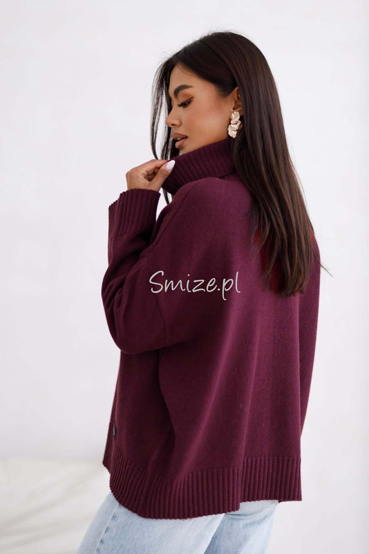 Sweter damski wełniany golf KELLY bakłażan Madame Sue
