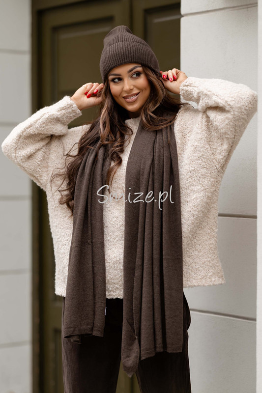 Komplet kaszmirowy brąz, szal z czapką CASHMERE