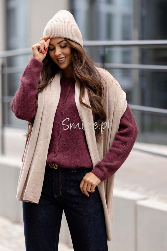 Komplet kaszmirowy beżowy, szal z czapką CASHMERE