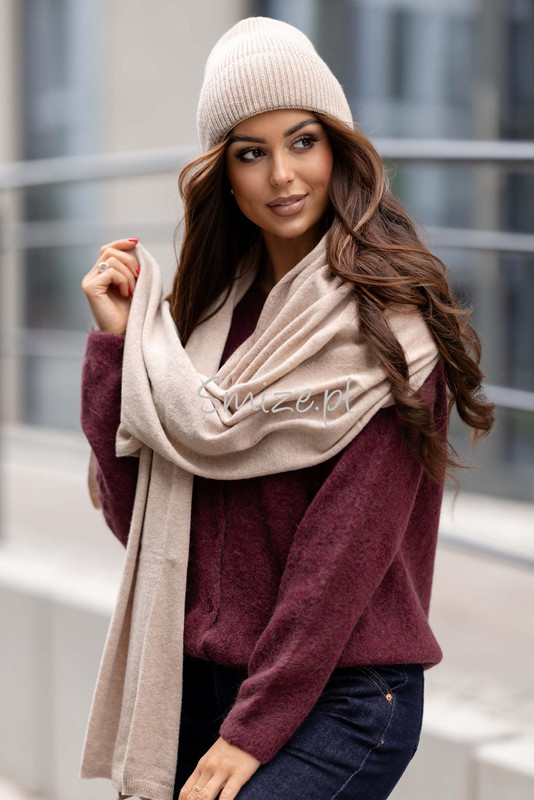 Komplet kaszmirowy beżowy, szal z czapką CASHMERE