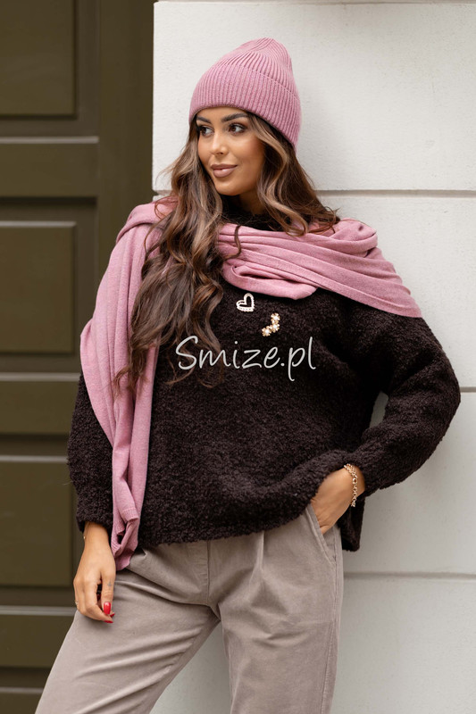 Komplet kaszmirowy pudrowy róż, szal z czapką CASHMERE