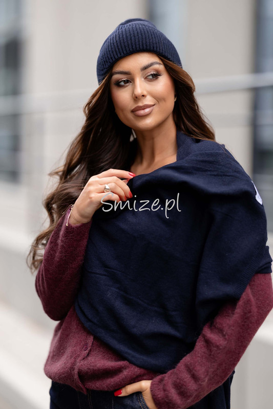Komplet kaszmirowy granatowy, szal z czapką CASHMERE